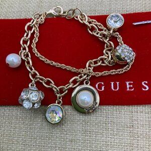 GUESS Double Chain Charms Faux Pearl Rhinestone Gold Tone Bracelet